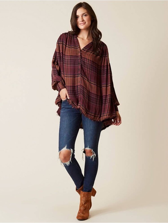 Free People Tops - Free People Come on Over Oversized Plaid Button Down Flannel Womens Size Medium